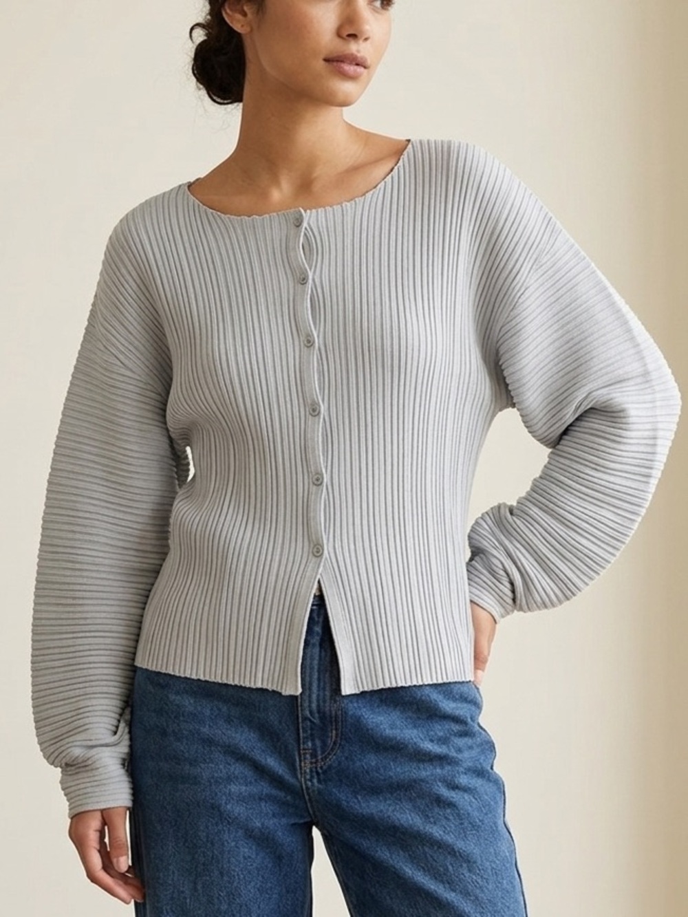 OAK + FORT Ribbed Button Down Knit Cardigan Top Grey Blue Size Medium
